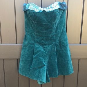 Teal velvet and sequined sweetheart top romper